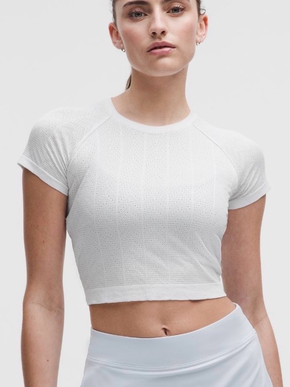 Lulu Lemon Swiftly Pointelle Cropped Short-Sleeve Shirt in Herringbone Dot White